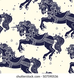 Amusement park Carousel Horses seamless Pattern in Duotone colors
