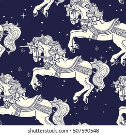 Amusement park Carousel Horses seamless Pattern in Duotone colors
