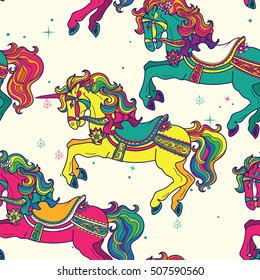 Amusement park Carousel Horses seamless Pattern