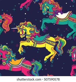 Amusement park Carousel Horses seamless Pattern