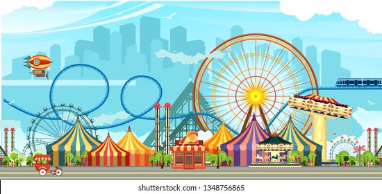 Amusement Park, carousel swing, circus tents on city landscape background, Fan fire show, carnival vector horizontal illustration