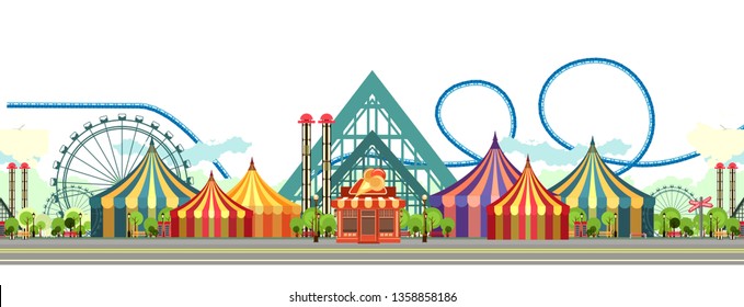 Amusement Park, carousel swing, circus tents on city landscape background, Fan fire show, carnival vector horizontal illustration on white background isolated