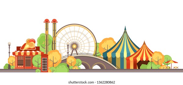 Amusement Park, carousel swing, circus tents on city landscape background, Fan fire show, carnival vector horizontal illustration on white background isolated