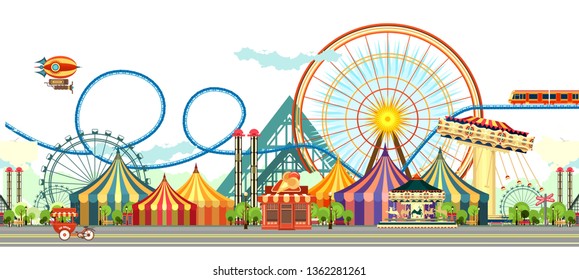 Amusement Park, carousel swing, circus tents on city landscape background, Fan fire show, carnival vector horizontal illustration on white background isolated