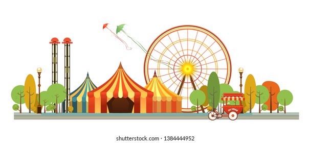 Amusement Park, carousel swing, circus tents on city landscape background, Fan fire show, carnival vector horizontal illustration on white background isolated