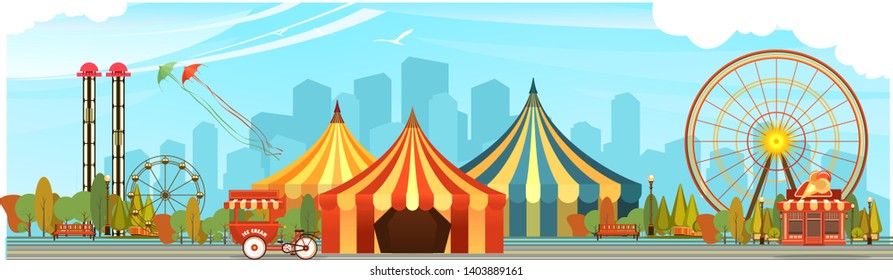 Amusement Park, carousel swing, circus tents on city landscape background, Fan fire show, carnival vector horizontal illustration