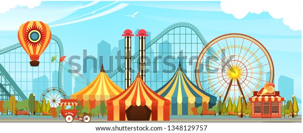 都市の風景の背景に遊園地 カルーセルスイング サーカスのテント ファンファイアショー カーニバルベクターの水平イラスト のベクター画像素材 ロイヤリティフリー