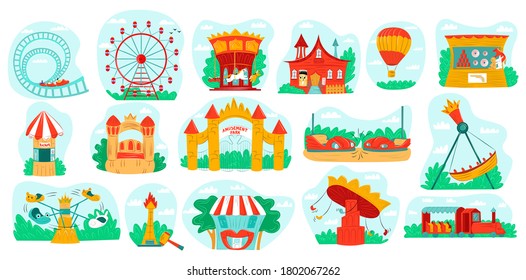 Amusement park with carousel vector illustration set. Cartoon flat fun carnival fair icons with roller coaster, air balloon, ferris wheel. Amusing park attractions for family rest isolated on white
