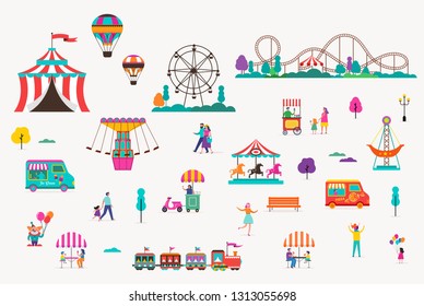 Amusement park with carousels, air balloons and roller coaster. Circus, Fun fair and Carnival icon set