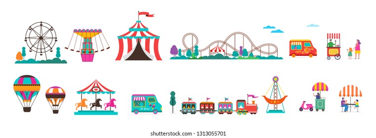 Amusement Park With Carousels, Air Balloons And Roller Coaster. Circus, Fun Fair And Carnival Icon Set