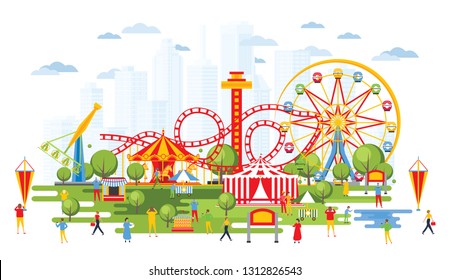 Amusement Park with Carousels in Cartoon Style. Urban Cityscape. Vector Illustration. Circus.