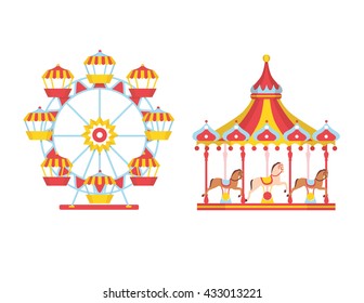 Amusement park with carousels and ferris wheel. Vector illustration.