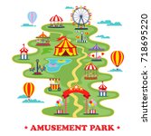 Amusement park with carousels and merry go round or map of circus with roads and tent, entrance and ferris wheel. Playground for kids and family, children on holidays. Entertainment theme