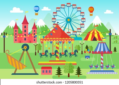 Amusement park with carousels, roller coaster and air balloons. Comic circus, fun fair. Cartoon carnival theme landscape vector illustration.