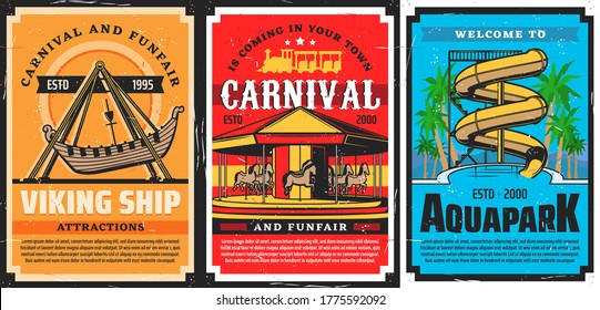 Amusement park carousels, Viking ship and water slides, aquapark vector retro posters. Funfair carnival rides and attractions, family amusement park roller coaster Ferris wheel and carousels