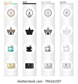Amusement park cartoon black monochrome outline icons in set collection for design. Equipment and attractions vector symbol stock web illustration.