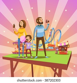 Amusement park cartoon concept with happy family and attractions on background retro vector illustration