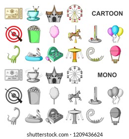 Amusement park cartoon icons in set collection for design. Equipment and attractions vector symbol stock web illustration.