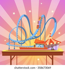 Amusement park cartoon with retro style rollercoaster on abstract background vector illustration 