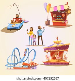 Amusement park cartoon set with retro style attractions isolated vector illustration