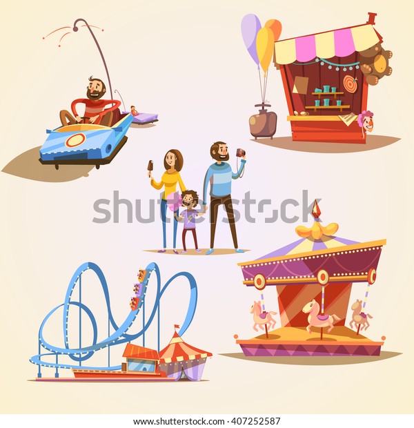 Amusement park cartoon set with retro style\
attractions isolated vector\
illustration