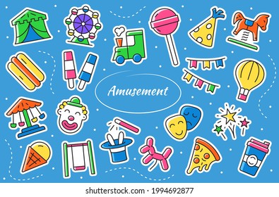 Amusement park - cartoon stickers. Entertainment vector symbols collection.