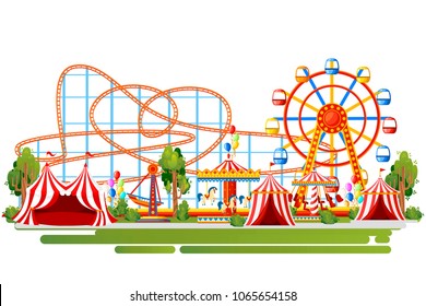 Amusement park. Cartoon style design. Roller coaster, carousel, pirate ship and red tents. Vector illustration on white background. Web site page and mobile app design.