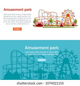 Amusement park. Cartoon style design. Roller coaster, carousel, pirate ship and red tents. Vector illustration on white background. Entertainment concept. Web site page and mobile app design.