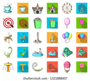 Amusement park cartoon,flat icons in set collection for design. Equipment and attractions vector symbol stock web illustration.