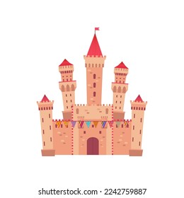 Amusement park castle flat vector illustration. Cartoon drawing of attraction for carnival or fair on white background. Entertainment, fantasy concept