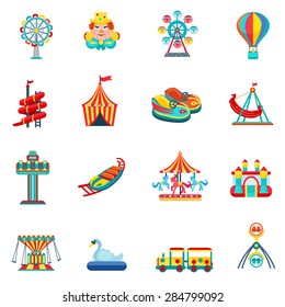 Amusement park for children with attractions and fun icons set flat isolated vector illustration 