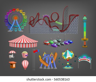 Amusement park for children with attractions and fun icons set. Vector illustration.