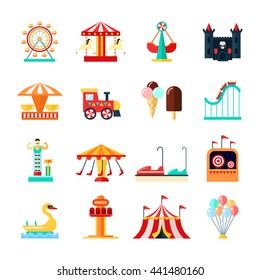 Amusement park for children with attractions icons set flat isolated vector illustration 