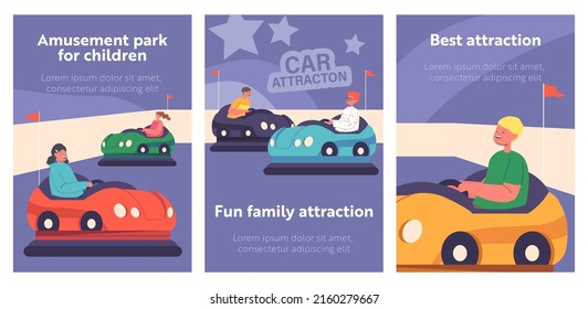 Amusement Park for Children Banners. Kids at Bumper Car Attraction, Funfair or Carnival Entertainment, Kids Riding Dodgem Carts. Characters Recreation Activity. Cartoon People Vector Illustration