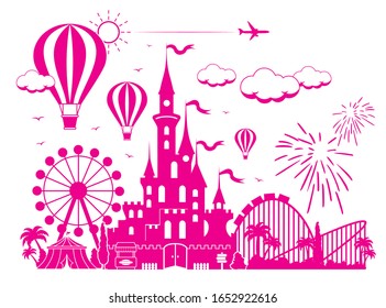 Amusement park. Children's fairytale entertainment castle on the background of attractions, fireworks, balloon. Illustration, vector.