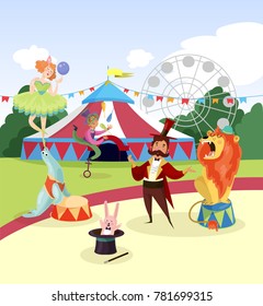 Amusement park with circus artists and marquee, ferris observation wheel and green trees on background. Cartoon characters of people and animals. Flat vector design