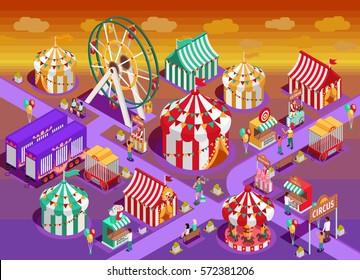 Amusement park circus attractions isometric poster with classic striped tents and observation wheel late evening vector illustration 