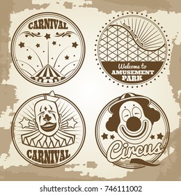 Amusement park circus carnival emblems on vintage background. Vector illustration