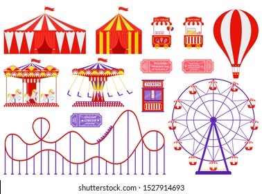 Amusement park, circus, carnival fair theme. Vector. Set with Ferris wheel, tent, carousel, roller coaster, air balloon. Icons isolated on white background. Attraction at daytime. Cartoon illustration