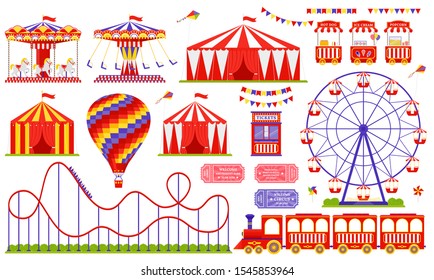 Amusement park, circus, carnival fair theme. Vector. Set with Ferris wheel, tent, carousel, roller coaster, air balloon, train. Icons isolated on white background. Daytime attraction. Illustration.