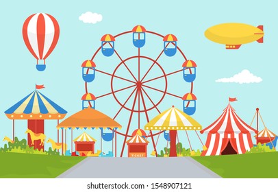 Amusement Park Circus Carnival Festival Fun Fair With Firework Landscape Illustration