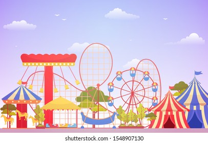 Amusement Park Circus Carnival Festival Fun Fair with Firework Landscape Illustration