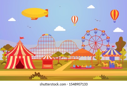 Amusement Park Circus Carnival Festival Fun Fair with Firework Landscape Illustration