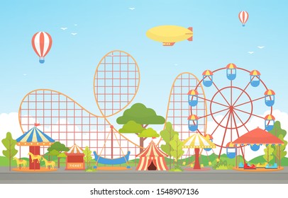 Amusement Park Circus Carnival Festival Fun Fair with Firework Landscape Illustration