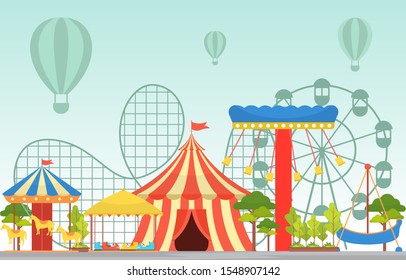 Amusement Park Circus Carnival Festival Fun Fair with Firework Landscape Illustration