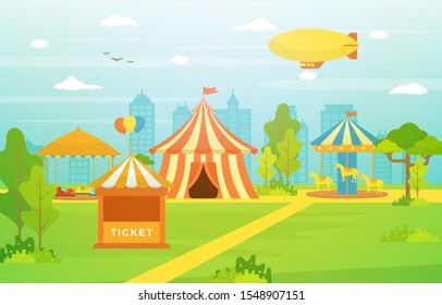Amusement Park Circus Carnival Festival Fun Fair with Firework Landscape Illustration
