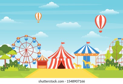 Amusement Park Circus Carnival Festival Fun Fair with Firework Landscape Illustration