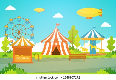 Amusement Park Circus Carnival Festival Fun Fair with Firework Landscape Illustration