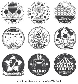 Amusement park, circus and carnival vector vintage emblems and labels. Festival and circus badge, illustration of entertainment and carnival show