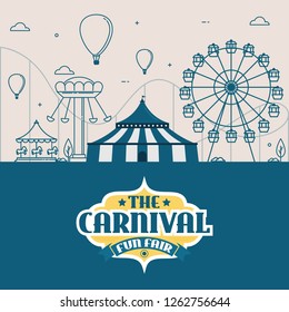 Amusement park with circus, carousels and roller coaster with carnival fun fair text. vector illustration